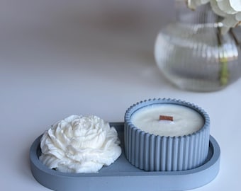 Handmade Peony Flower Candle & Ribbed Concrete Jar with Matching Tray  – Sculpted Wax Peony Candle – Elegant Home Decor  Gift Set
