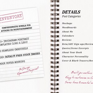 May include: A spiral-bound notebook with a white page featuring a list of post categories and a page with the word "INVENTORY" stamped on it. The inventory page lists templates, carousels, stock images, and mockups for authors and bookstagrammers. Text includes "No Design Experience Required!"