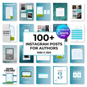 Könnte beinhalten: Eine Sammlung von über 100 Instagram-Post-Vorlagen für Autoren, mit einem blauen und grünen Farbschema und verschiedenen Designs. Die Vorlagen sind in Canva bearbeitbar und haben die Größe 1080 x 1350 Pixel.