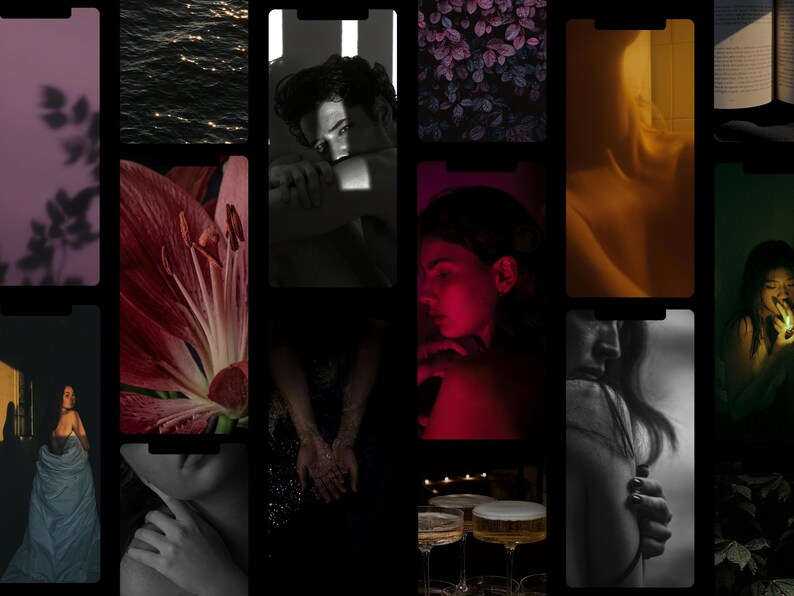 May include: A collage of artistic images, including a close-up of water with sunlight, a person in shadow, a flower, and a person with a red glow. Other images include a person holding a book, and a person with a light.