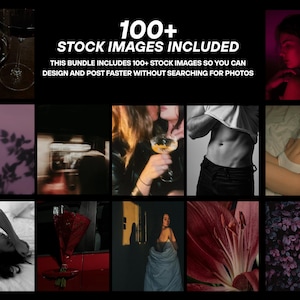 May include: A collection of stock images with a dark aesthetic. The text "100+ STOCK IMAGES INCLUDED" is displayed. The images include a wine glass, silhouettes, and portraits. The bundle includes over 100 stock images for design and posting.
