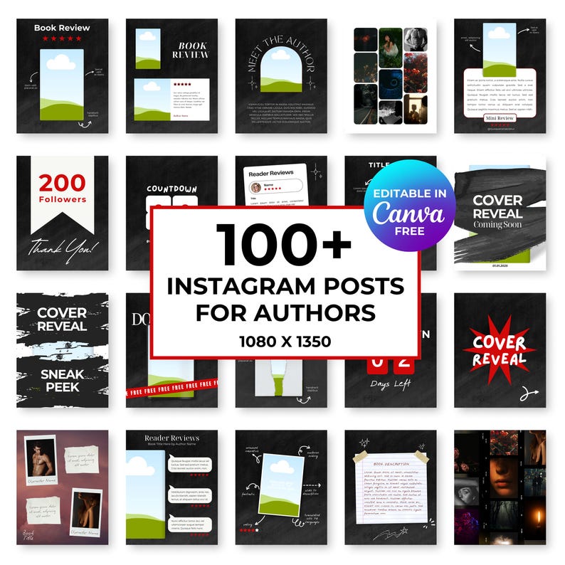 May include: A collection of 100+ Instagram post templates for authors, designed in a black and white colour scheme with a chalkboard texture. The templates feature various designs, including book covers, reader reviews, countdown timers, and author spotlights. The text "100+ Instagram Posts for Authors 1080 x 1350" is displayed in a large, bold font.