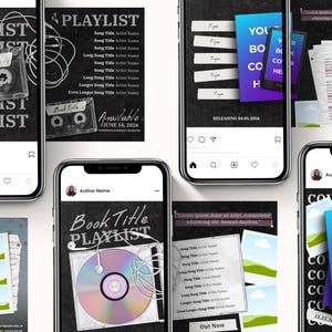 May include: A series of smartphone mockups displaying music and book-related social media posts. The posts feature text like "Playlist," "Book Title," and "Cover Review," along with images of a cassette tape, CD, and book covers.