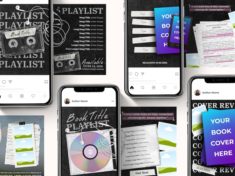 May include: A series of smartphone mockups displaying music and book-related social media posts. The posts feature text like "Playlist," "Book Title," and "Cover Review," along with images of a cassette tape, CD, and book covers.