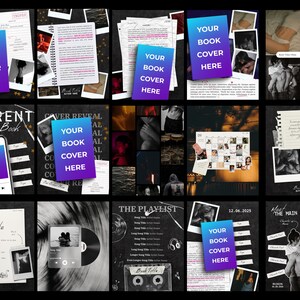 May include: A collage of book-related graphics, including a smartphone with a book cover, a notepad, a vinyl record, and a cassette tape. Each graphic has the text "YOUR BOOK COVER HERE" on a gradient background. The overall theme is related to book promotion.