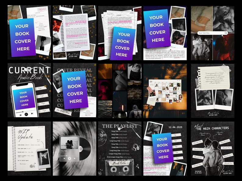 May include: A collage of book-related graphics, including a smartphone with a book cover, a notepad, a vinyl record, and a cassette tape. Each graphic has the text "YOUR BOOK COVER HERE" on a gradient background. The overall theme is related to book promotion.