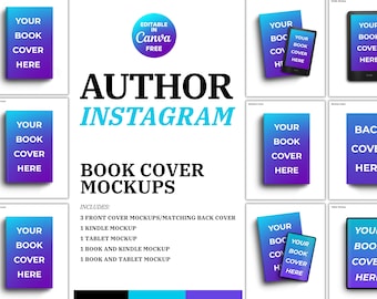 May include: A graphic featuring book cover mockups for Instagram. The design includes a book, Kindle, and tablet mockups with the text "YOUR BOOK COVER HERE". The text "AUTHOR INSTAGRAM BOOK COVER MOCKUPS" is also present.