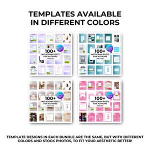 May include: Four different colour variations of a digital product bundle for Instagram posts for authors. Each bundle includes 100+ templates for Instagram posts, designed for Canva, with a size of 1080 x 1350 pixels. The colours are purple, blue, pink, and gold.