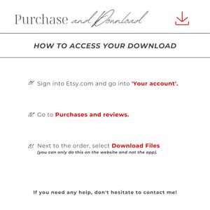May include: Instructions on how to access a digital download on Etsy.com. The steps include signing into your Etsy account, going to Purchases and reviews, and selecting Download Files next to the order.