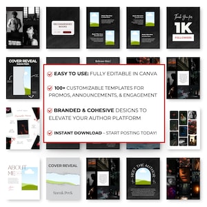 May include: A collage of 16 social media graphics for authors, featuring black and white images with green and white accents. The graphics include text such as "Recommended Books", "Cover Reveal", "About Me", "Meet the Author", and "Thank You for 1K Followers".