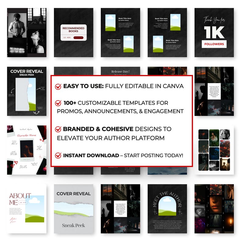 May include: A collage of 16 social media graphics for authors, featuring black and white images with green and white accents. The graphics include text such as "Recommended Books", "Cover Reveal", "About Me", "Meet the Author", and "Thank You for 1K Followers".