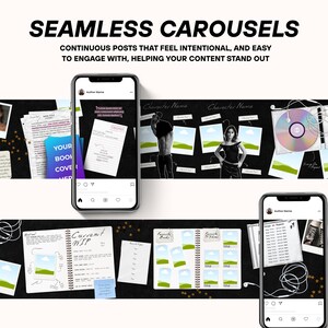 May include: Image promoting seamless carousels for social media. The image features a phone displaying a carousel post, with text that reads "SEAMLESS CAROUSELS" and "CONTINUOUS POSTS THAT FEEL INTENTIONAL, AND EASY TO ENGAGE WITH, HELPING YOUR CONTENT STAND OUT."