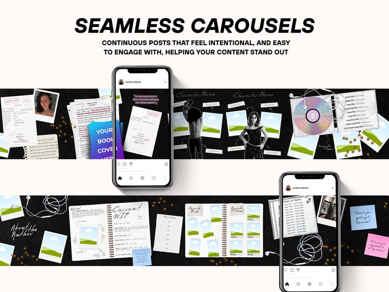 May include: Image promoting seamless carousels for social media. The image features a phone displaying a carousel post, with text that reads "SEAMLESS CAROUSELS" and "CONTINUOUS POSTS THAT FEEL INTENTIONAL, AND EASY TO ENGAGE WITH, HELPING YOUR CONTENT STAND OUT."