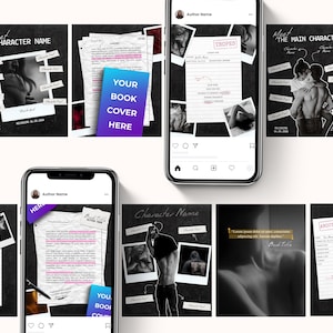 May include: A collection of digital book cover templates and social media posts. The designs feature black and white photography, handwritten text, and the words "Meet Character Name" and "Your Book Cover Here". The overall theme is romance.