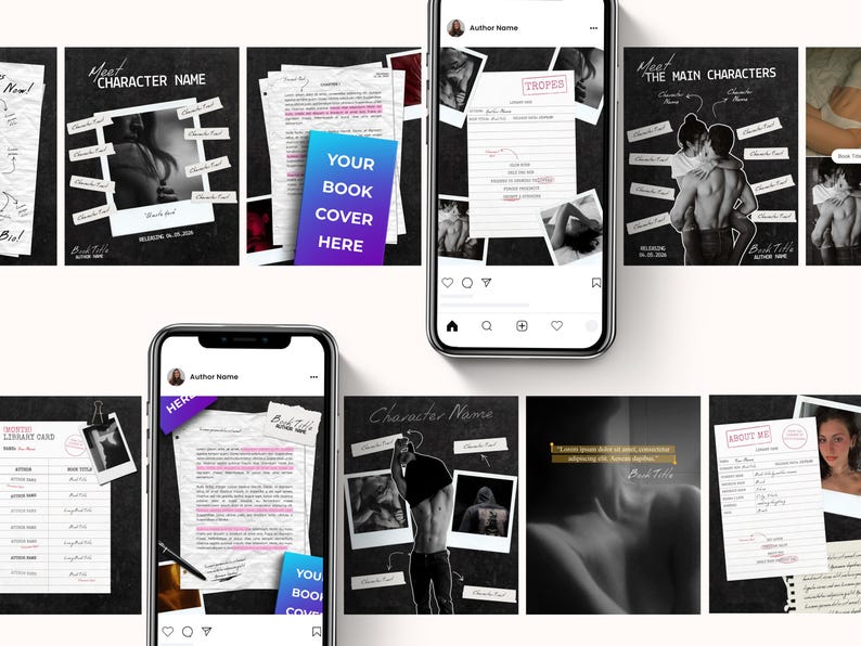 May include: A collection of digital book cover templates and social media posts. The designs feature black and white photography, handwritten text, and the words "Meet Character Name" and "Your Book Cover Here". The overall theme is romance.