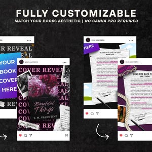 May include: A promotional image showcasing customizable book cover templates. The design features Instagram-style mockups with book covers, excerpts, and the text "FULLY CUSTOMIZABLE". The color scheme includes purple, blue, and white elements.