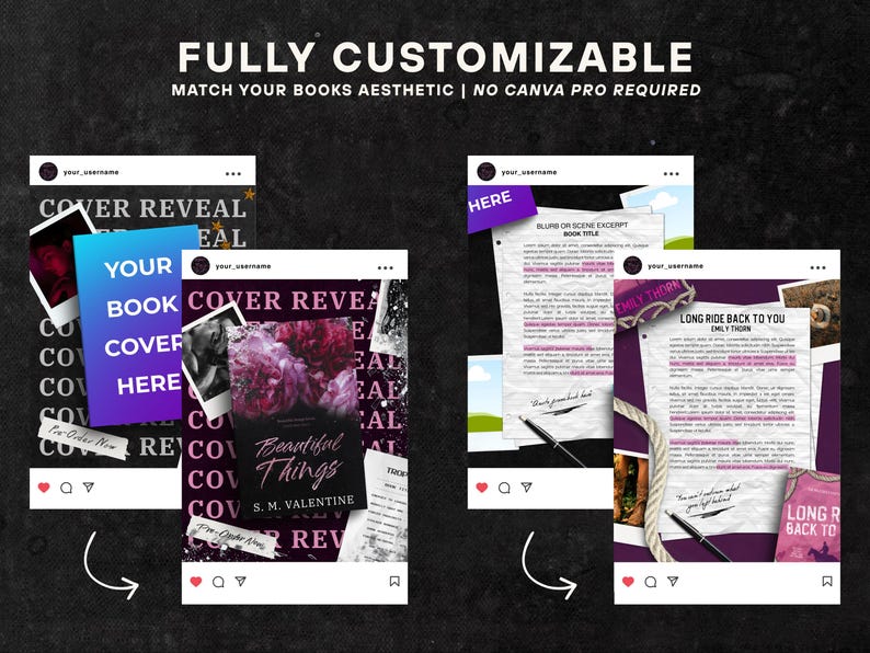 May include: A promotional image showcasing customizable book cover templates. The design features Instagram-style mockups with book covers, excerpts, and the text "FULLY CUSTOMIZABLE". The color scheme includes purple, blue, and white elements.