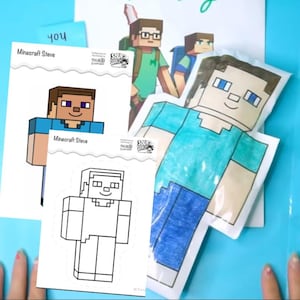 May include: A printable coloring page and a plush toy of a Minecraft Steve character. The plush toy is blue, green, and brown. The coloring page is black and white.