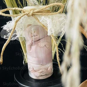 Op de afbeelding: Een klein, haarloos, roze wezen is bewaard in een glazen pot met een witte kanten bekleding en een bruine touwtje eromheen gebonden. De pot staat op een zwart oppervlak.