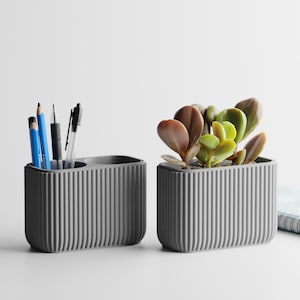 May include: Two gray, ribbed desk organizers. One holds pens and pencils, the other a succulent plant with green and brown leaves. A notebook is visible in the background. The organizers are on a white surface.