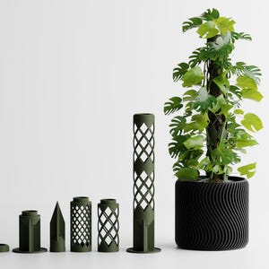 Op de afbeelding: Een zwarte, golvende plantenpot met een groene bladplant. Naast de pot staan ​​verschillende donkergroene plantenondersteuningsstructuren van verschillende vormen en maten, waaronder een hoog roosterontwerp.