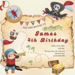 Invitación de cumpleaños pirata editable, tesoro, mapa
