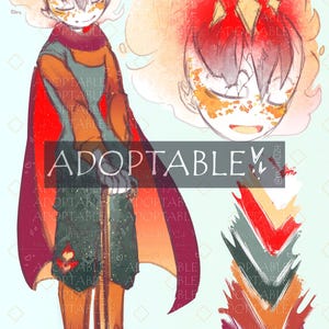 May include: A digital character illustration featuring a figure with flame-like hair, wearing a dark green tunic, orange pants, and a red cape. The character holds a thin staff and includes a close-up head view and a vertical color palette swatch.