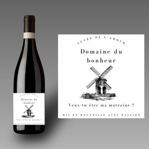 Wine or champagne bottle announcement label. &quot;Do you want to be a godmother/godfather?&quot;