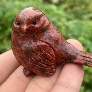 Op de afbeelding: Een gebeeldhouwd stenen vogelbeeldje in rood- en zwarttinten. De vogel heeft gebeeldhouwde vleugels en een gladde, gepolijste afwerking. Het beeldje wordt in een hand gehouden tegen een vage groene achtergrond.