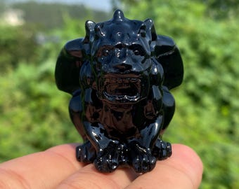 Carved Obsidian Gargoyle Skull: Natural Crystal Specimen, Home Decor (1.8" 67g