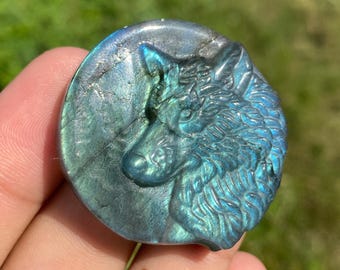 Labradorite Crystal Wolf Specimen: Natural Carved Quartz (1.4")