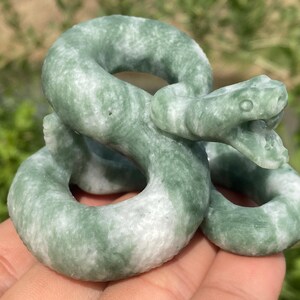 Könnte beinhalten: Eine Schlangen-Skulptur aus grünem und weißem Jade. Die Schlange ist zu einem Kreis zusammengerollt, mit erhobenem Kopf und offenem Maul.