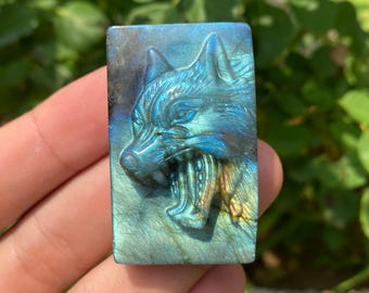 Labradorite Crystal Wolf Carving: Natural Quartz Specimen, 1.9''
