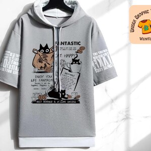 Cartoon Coffee Cat Hoodie | Unisex Summer and Fall Tops | Casual Graphic Street Style | Short Sleeve Hooded Shirt | Comfortable Cozy Wear