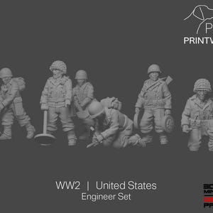 Segunda Guerra Mundial Estados Unidos - Set de Ingenieros - 28 mm - Escala 1/56 - Acción de Cerrojo - Cadena de Mando - Wargaming Miniatures - Impresión de Resina - Sin Pintar