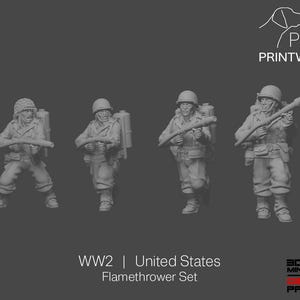 Seconda Guerra Mondiale Stati Uniti - Set lanciafiamme - 28 mm - Scala 1/56 - Azione a otturatore girevole-scorrevole - Catena di comando - Miniature per wargame - Stampa in resina - Non verniciato