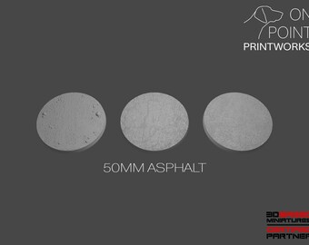 May include: Three gray, circular 50mm asphalt bases for miniature figures. The bases have a textured surface and are arranged on a dark gray background. The text "50MM ASPHALT" is displayed below the bases.