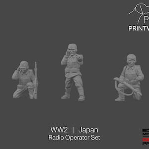 May include: A grey miniature set of three Japanese soldiers from World War II. One soldier kneels, another stands pointing, and the third is on one knee. The text "WW2 | Japan Radio Operator Set" is at the bottom.