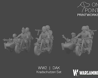 May include: Three gray miniature motorcycles with sidecars, each carrying multiple figures in military attire. The image includes the text "WW2 | DAK Kradschutzen Set" and the logo for "ON POINT PRINTWORKS" and "W3 WARGAMING".