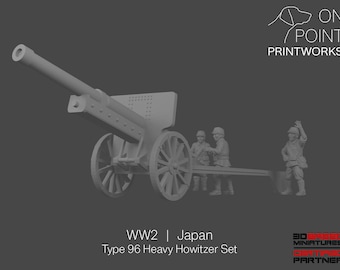 May include: A gray 3D-printed model of a Type 96 Heavy Howitzer set from WWII Japan. The model includes the cannon, two crew members seated, and one standing. The image also includes the text "WW2 | Japan Type 96 Heavy Howitzer Set."