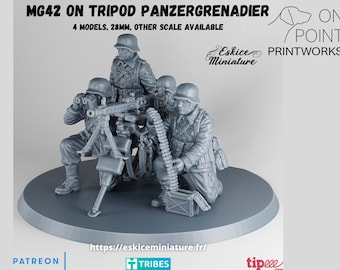 May include: A set of four grey resin miniature figures depicting a Panzergrenadier squad operating an MG42 machine gun on a tripod. The text MG42 ON TRIPOD PANZERGRENADIER, 4 MODELS, 28MM, OTHER SCALE AVAILABLE, ON POINT PRINTWORKS, and Eskice Miniature is visible.