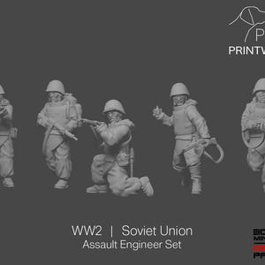 Op de afbeelding: Een set van vijf grijze miniatuur Sovjet-Unie soldaten uit de Tweede Wereldoorlog. De soldaten bevinden zich in verschillende actieposities, waaronder knielen en rennen, en zijn uitgerust met helmen, wapens en uitrusting. De tekst "WW2 | Soviet Union Assault Engineer Set" staat onderaan.