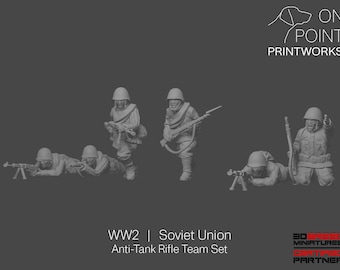 May include: A set of miniature Soviet Union soldiers from World War II. The figures are in various poses, including prone and standing, and are equipped with rifles and other military gear. The text "WW2 | Soviet Union Anti-Tank Rifle Team Set" is visible.