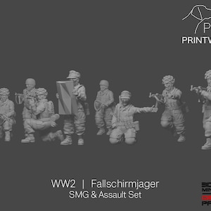 Peut inclure: Ensemble de figurines miniatures de soldats Fallschirmjäger de la Seconde Guerre mondiale, en poses variées, avec armes et équipement. Les figurines sont de couleur neutre, avec le texte "WW2 | Fallschirmjäger SMG & Assault Set".