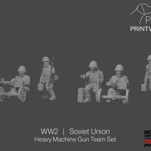 May include: A set of miniature figures representing a Soviet Union heavy machine gun team from World War II. The figures are in a neutral colour and include soldiers with helmets, weapons, and equipment. The text "WW2 | Soviet Union Heavy Machine Gun Team Set" is visible.