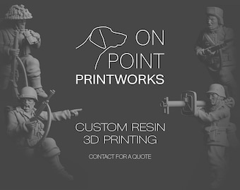 May include: A dark gray image featuring miniature soldier figurines and the text "ON POINT PRINTWORKS". The text "CUSTOM RESIN 3D PRINTING" is also visible. The image showcases detailed military figures.