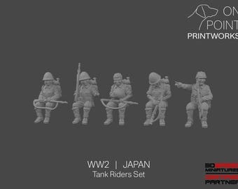 May include: A set of five gray miniature figures of Japanese tank riders from World War II. Each figure is seated and holding a weapon or equipment. The figures are wearing helmets and uniforms. The text "WW2 | JAPAN Tank Riders Set" is visible.