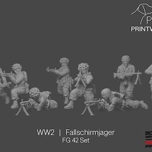 Op de afbeelding: Een set grijze miniatuurfiguren die soldaten in verschillende gevechtshoudingen uitbeelden. De figuren dragen militaire uniformen en houden geweren en machinegeweren vast. De tekst "WW2 | Fallschirmjager FG 42 Set" is zichtbaar.