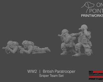 May include: A set of four unpainted gray resin miniature figures depicting a WW2 British Paratrooper Sniper Team. Two figures are in a prone firing position, while two are kneeling, with one using binoculars. Text reads: WW2 | British Paratrooper Sniper Team Set.