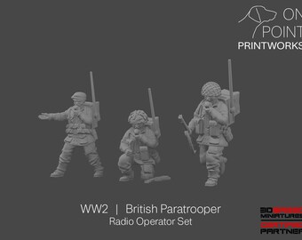 May include: A set of three gray unpainted miniature figures representing WW2 British paratrooper radio operators. Each figure wears detailed military gear, including helmets and backpacks with antennas, and holds a radio handset device.